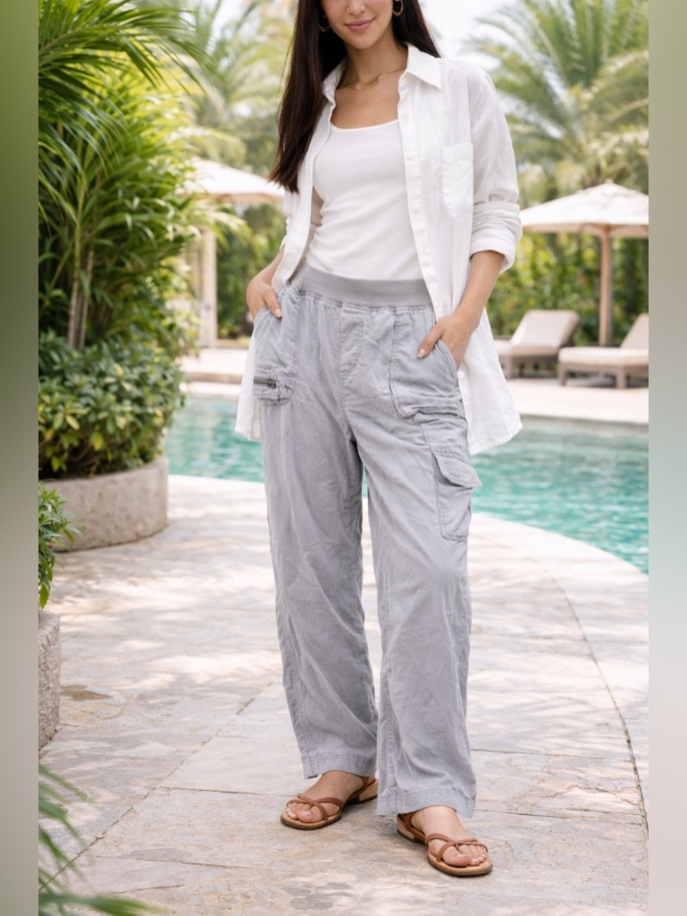 Soft Surroundings Gray Linen Blend Cargo Utility Wide Leg Pant Large Tall